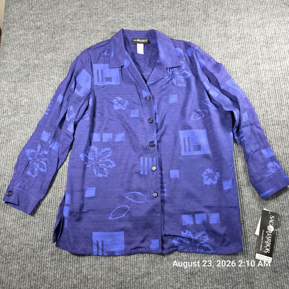 Sag Harbor Woman Purple Geometric Leaf Print Button Down Blouse 18W NWT S24053